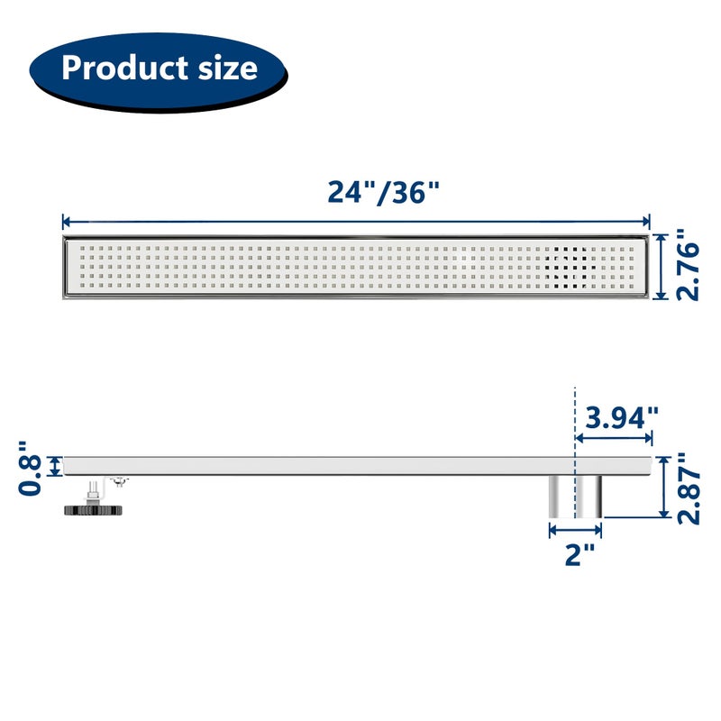 Neodrain 24-Inch Offset Side Outlet Linear Shower Drain with Quadrato Pattern Grate Cover, Brushed 304 Stainless Steel Rectangle Shower Floor Drain, with Leveling Foot, Hair Strainer Catcher - Image 3